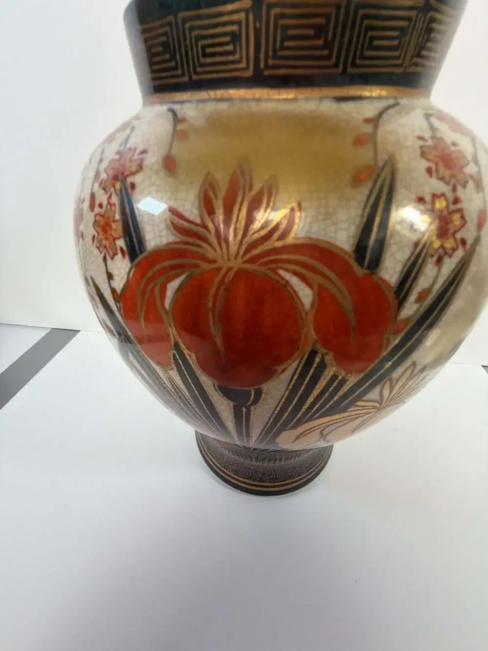 Vintage Satsuma Japanese Hand-Painted Porcelain Vase with Iris Motif and Gilt De